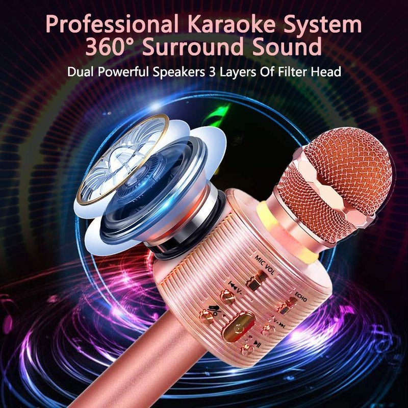 [AUSTRALIA] - Karaoke Microphone for Kids, Bluetooth Microphone with LED Lights, XIANRUI Portable Karaoke Machine for Kids and Adults, Perfect for Home KTV Birthday Party, Compatible for Android iOS (all rose gold) all rose gold 