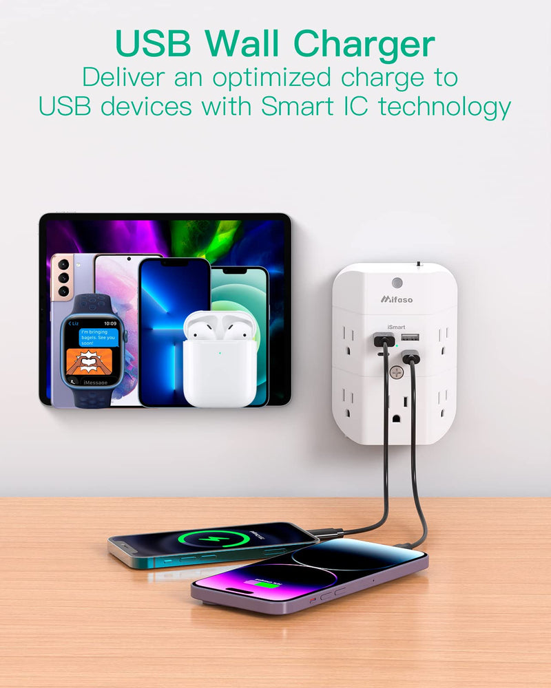 Surge Protector Outlet Extender - with Night Light, 5-Outlet Splitter and 4 USB Ports (2 USB C Charger), Multi Plug Outlet for Home, Dorm Room Essentials with 2 USB-A & 2 USB-C