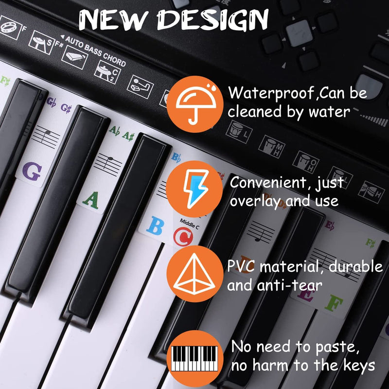 Removable Piano Keyboard Note Labels, 88-Key Full Size Piano Key Stickers Piano Notes Guide for Beginner for Learning,No need to paste(Rainbow colors)