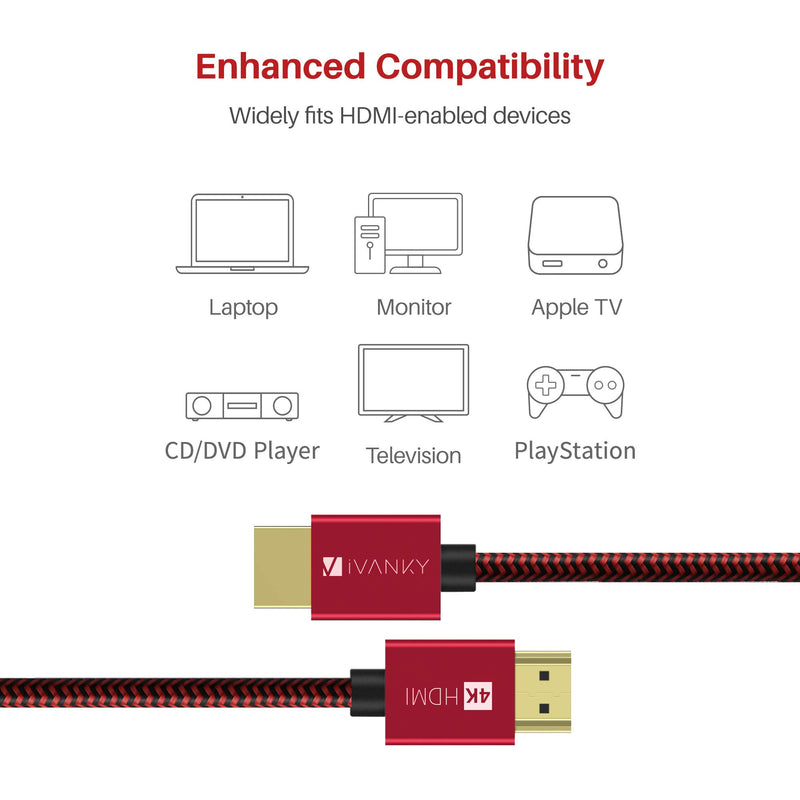 4K HDMI Cable 6.6 ft, iVANKY High Speed 18Gbps HDMI 2.0 Cable, 4K HDR, 3D, 2160P, 1080P, Ethernet - Braided HDMI Cord 32AWG, Audio Return(ARC) Compatible UHD TV, Blu-ray, PS4, PC, Projector - Red 6.6 feet