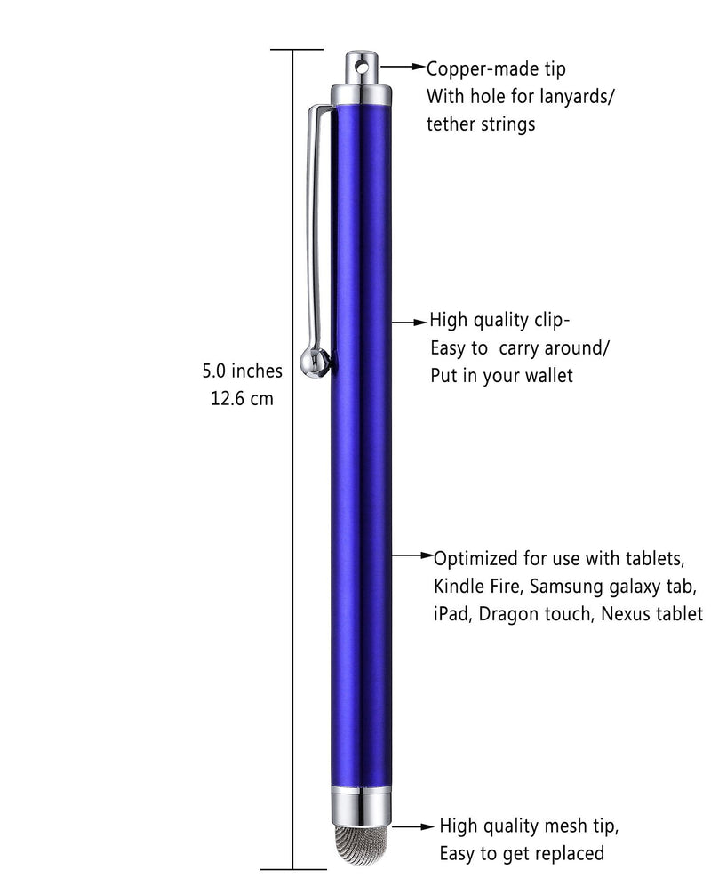 CCIVV Stylus, 4 Pcs 5.0 Inches Hybrid Mesh Fiber Tip Stylus Pens for Touch Screen, Compatible with iPad, iPhone, Kindle Fire + 4 Extra Replaceable Hybrid Fiber Tips (White, Black, Silver, Blue) 5.0 inches-4pcs