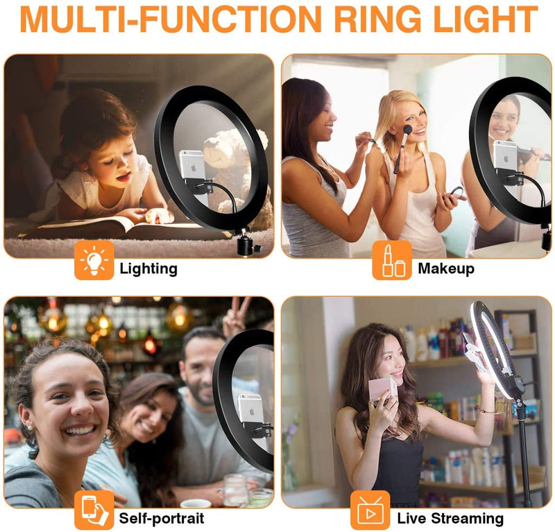 LED Selfie Ring Light 10" with Tripod Stand & Phone Holder for Live Streaming & YouTube Video, Dimmable Desk Makeup Ring Light for Photography, with 3 Light Modes & 10 Brightness Level