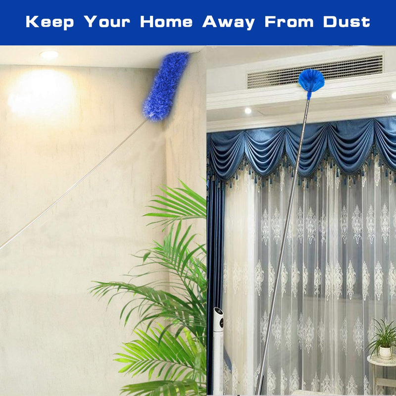 Microfiber Duster, Feather Duster with 100 Inch Telescoping Extension Pole, Reusable Bendable Dusters, Washable Lightweight Dusters for Ceilings Fans [2022 Upgrade] Blue