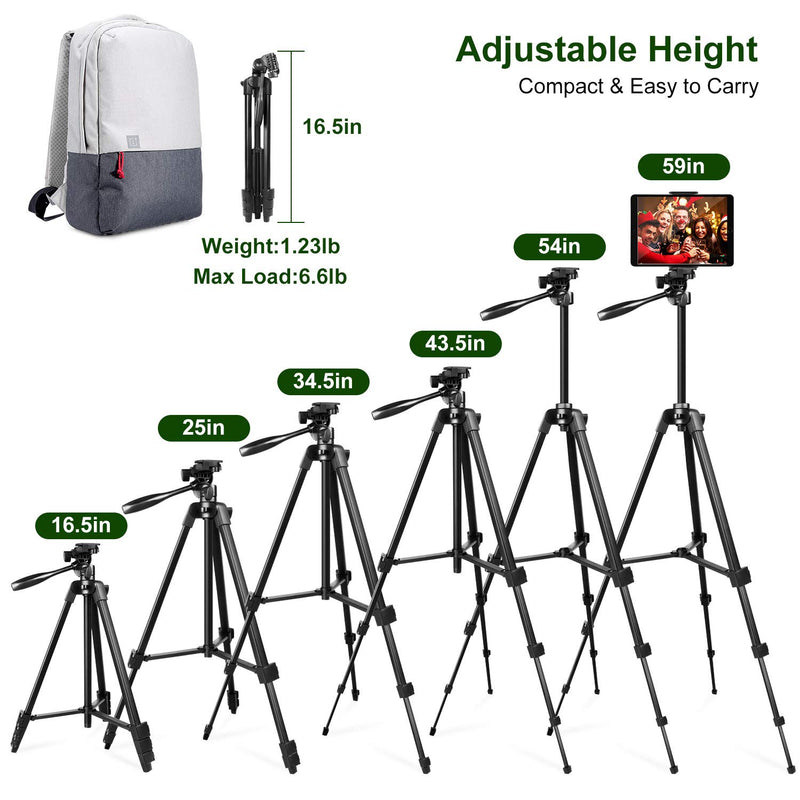 55" Phone&Tablet Tripod, Portable Travel Tripod Stand with Remote Shutter and Universal Clip, Compatible with iPhone/iPad/Android/Sport Camera Perfect for Selfies/Video Recording/Vlog/Live Streaming