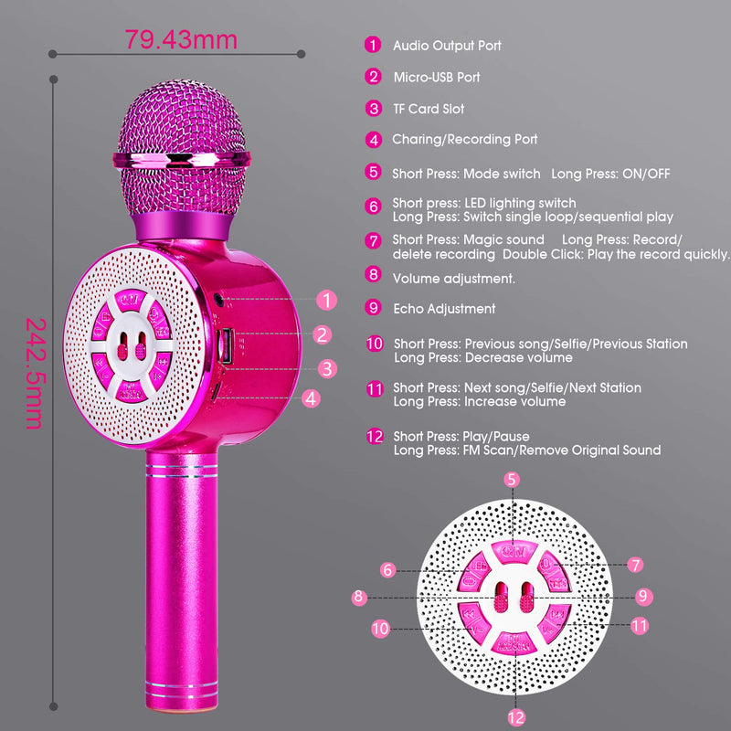 [AUSTRALIA] - FishOaky Karaoke Microphone, Kids Bluetooth Karaoke Microphone Portable Mic Player Speaker with LED for Christmas Birthday Home Party KTV Outdoor Rose Red 