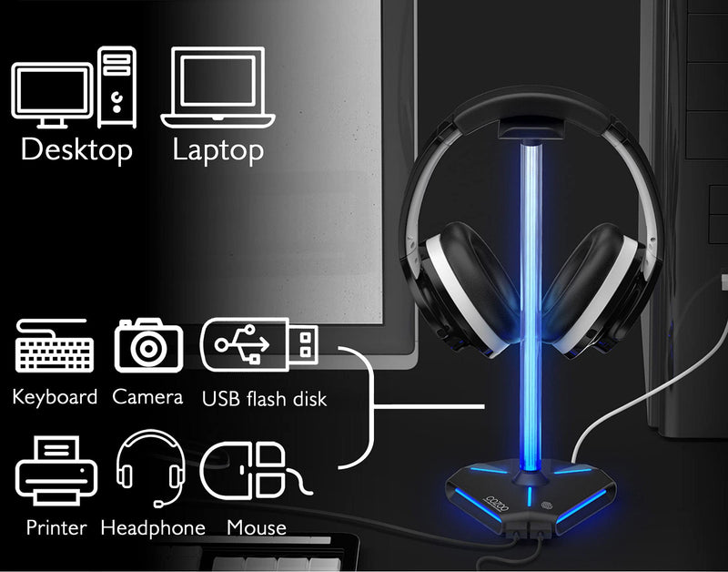 COZOO RGB Headphone Stand with 2 USB2.0 Extension Charging Port Extender Cord,Headset Stand Holder for Gamer Desktop Table Game Earphone Accessories Triangle