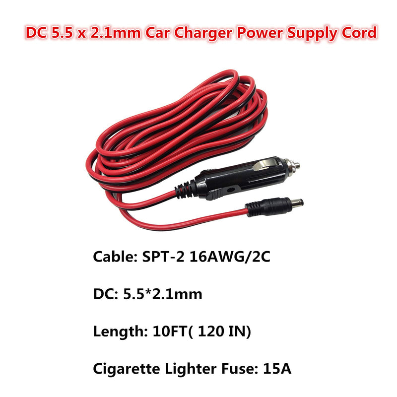 AEISVIK DC Car Charger Cable - 12-24V DC Car Charger Auto Power Supply Cord Cigarette Lighter Male Plug to DC 5.5mm x 2.1mm Connector Extension Cord for Portable DVD Player, Car, Camera (10FT) 10FT