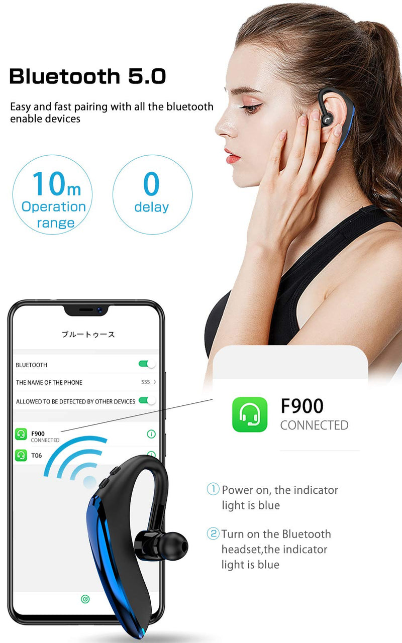 Bluetooth Headset V5.0 Wireless Bluetooth Earpiece 25 Hrs Talktime 230 Hours Standby Time, Fit Your Both Ear, Handsfree Headset with Noise Cancelling Mic, Compatible with iPhone and Android (Blue)