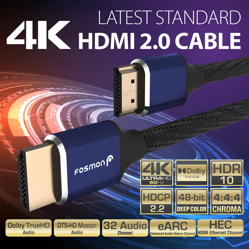 Fosmon HDMI 2.0 Cable 4K@60Hz 10ft, Premium Certified in-Wall CL3 Rated, 18Gbps Super High Speed, HDR, HDCP 2.2/1.4, 3D, ARC, 30AWG Cotton Braided Compatible with UHD TV, Monitor, Console 1