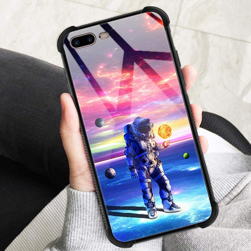 iPhone 8 Plus Case,9H Tempered Glass iPhone 7 Plus Cases for Boys Men,Funny Astronauts and Stars Pattern Shockproof Anti-Scratch Case for Apple iPhone 7/8 Plus 5.5 inch Stars Astronauts