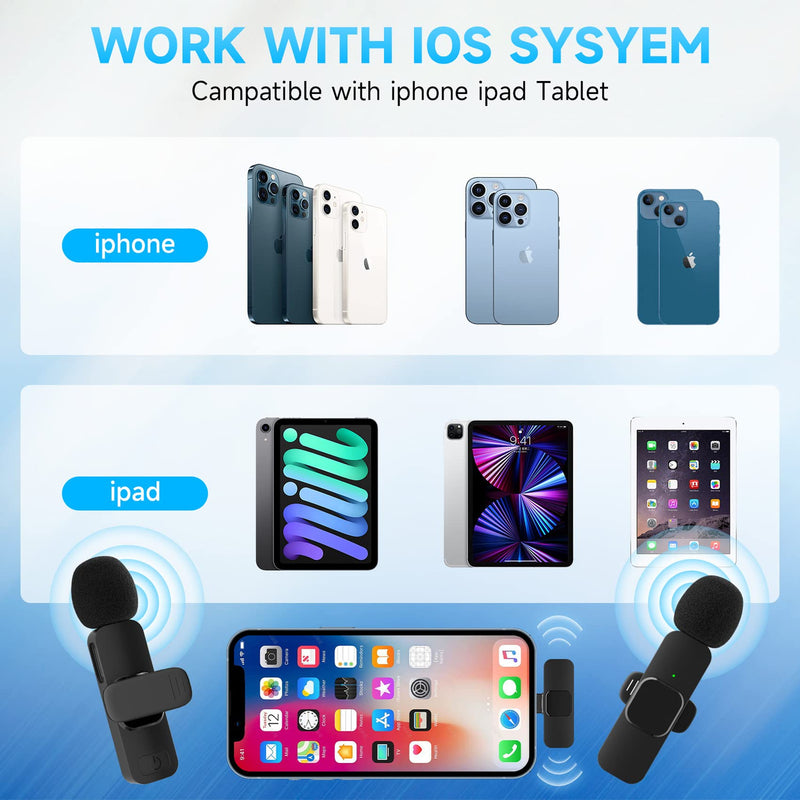 PQRQP 2 Pack Wireless Lavalier Microphone for iPhone iPad,Professional Plug-Play Wireless Mic for Recording,Live Stream,YouTube,Facebook,TikTok black