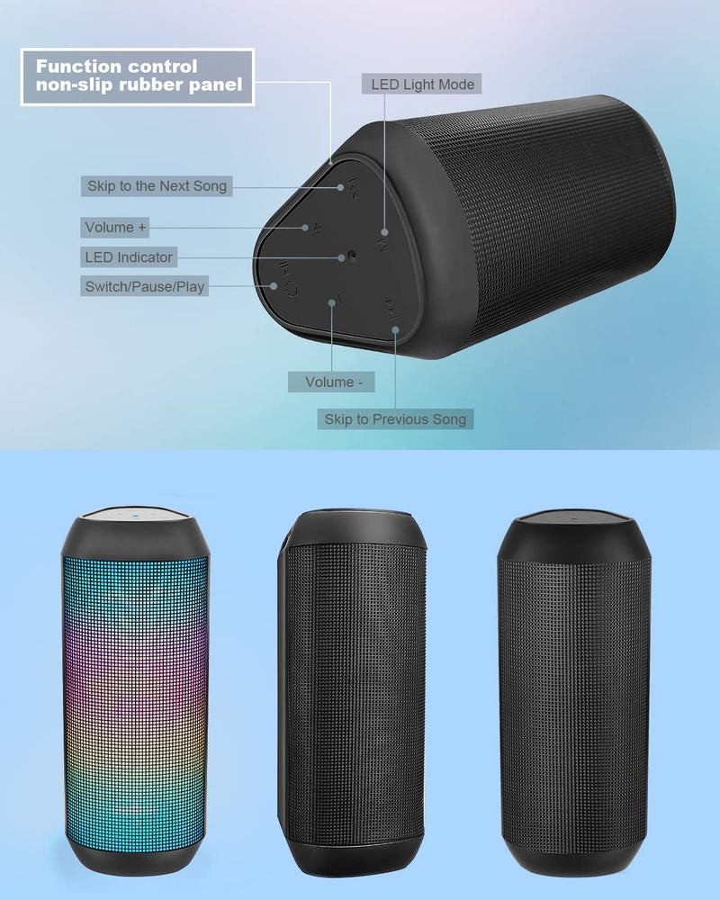 Wireless Bluetooth Speaker - Portable Speaker with Multi LED Light Dynamic Modes, IPX4 Waterproof Bluetooth Speakers, Support TWS Surround Stereo Sound Playing, Lightweight for Party Outdoor Camping Black