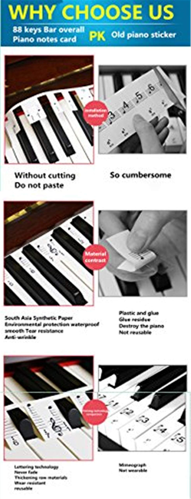 Piano Stickers for Learning Piano or Keyboard ，Overall Installation,No Glue ，No Need to Cut,Easy to Carry ，Reusable, Upgraded Version and Good Quality