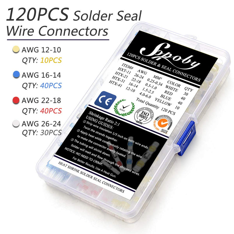 120PCS Solder Seal Wire Connectors - Sopoby Heat Shrink Solder Connectors - Waterproof Solder Butt Connector Kit Insulated Automotive Marine Electrical Wire Terminals 120PCS