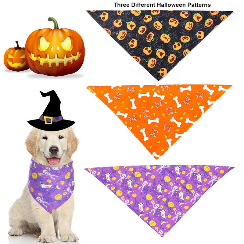 ADOGGYGO 3PCS Halloween Dog Bandana Puppy Halloween Bandana Pumpkin Ghost Candy Print Halloween Pet Bandana Reversible Triangle Bibs Scarf Accessories for Dogs Cats Pets Black & Yellow & Purple