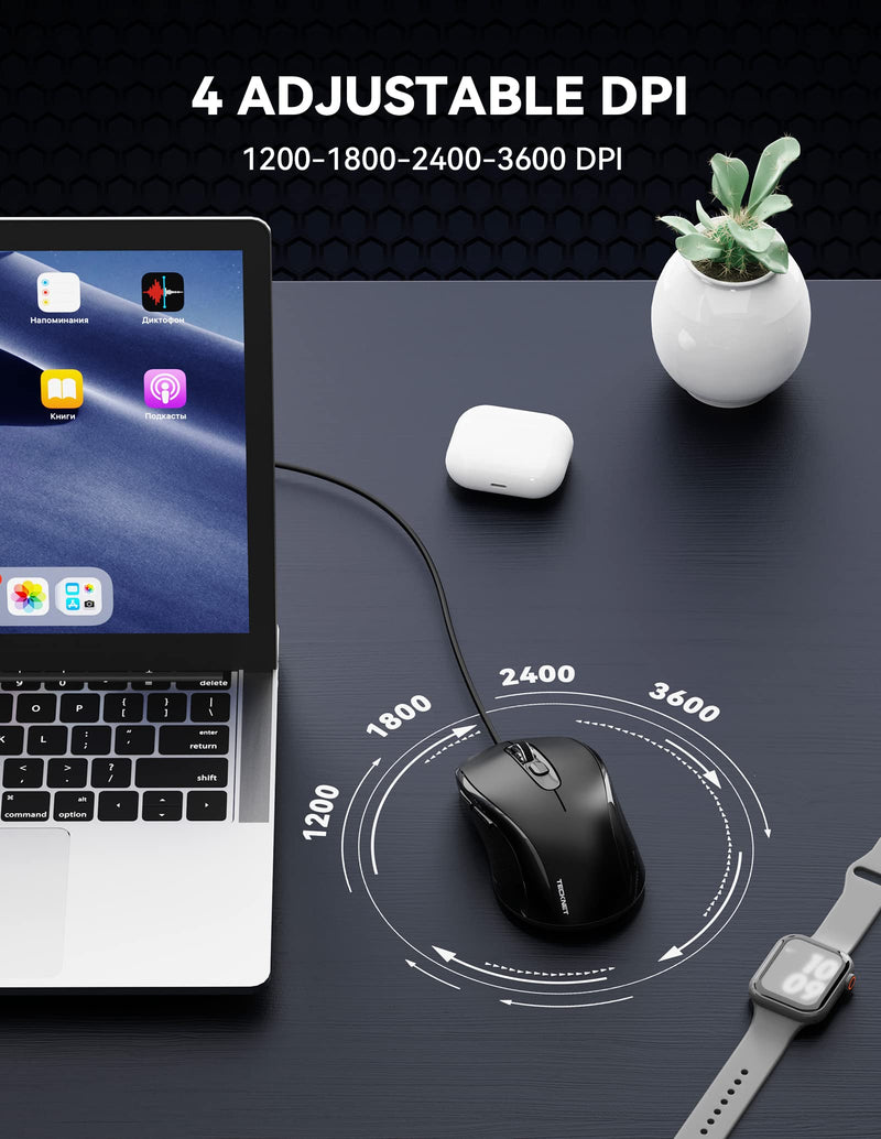 TECKNET Wired Mouse, USB Wired Computer Mouse, 3600DPI 4 Adjustable Levels, 6-Button Ergonomic Mice, Home and Office Mouse for Laptop PC Desktop Notebook - Black