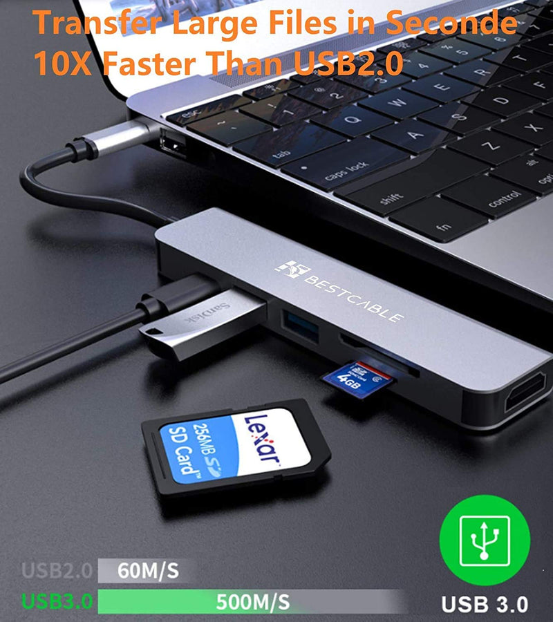 BEST CABLE USB C Hub Multiport Adapter - 6 in 1 Portable with 4K HDMI Output, 2 USB 3.0 Ports, SD/TF Card Reader,USB C 100W PD, Compatible with MacBook Pro, XPS More USB C Devices