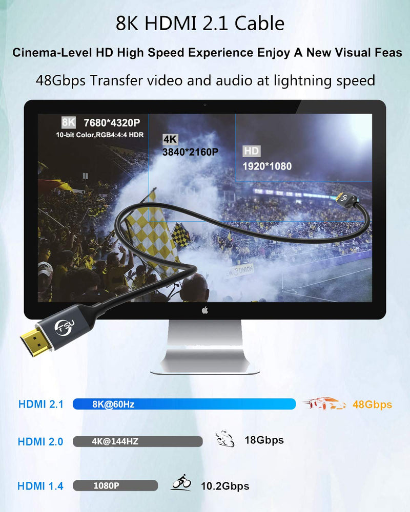 8K HDMI 2.1 Cable 10FT,Ultra High Speed 8K@60HZ 4K@120Hz 48Gbps Ultra HD HDMI to HDMI Cord, Support Dynamic HDR, eARC, Dolby Atmos,Compatible with Roku,Laptop,Monitor,PS4,PS5,Apple TV,Xbox&More 8K/10FT