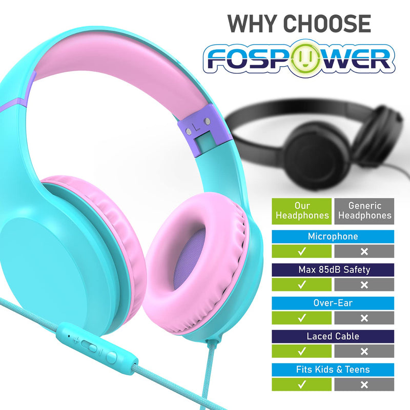 FosPower Kids Headphones (Safe Volume Limit 85 dB) Childrens Headphones Over The Ear, Built-in Mic, 3.5mm Tangle-Free Cable for Boys/Girls/iPad/Smartphones/PC/Kindle/Tablet/Laptop/School - Mint/Pink Mint / Pink