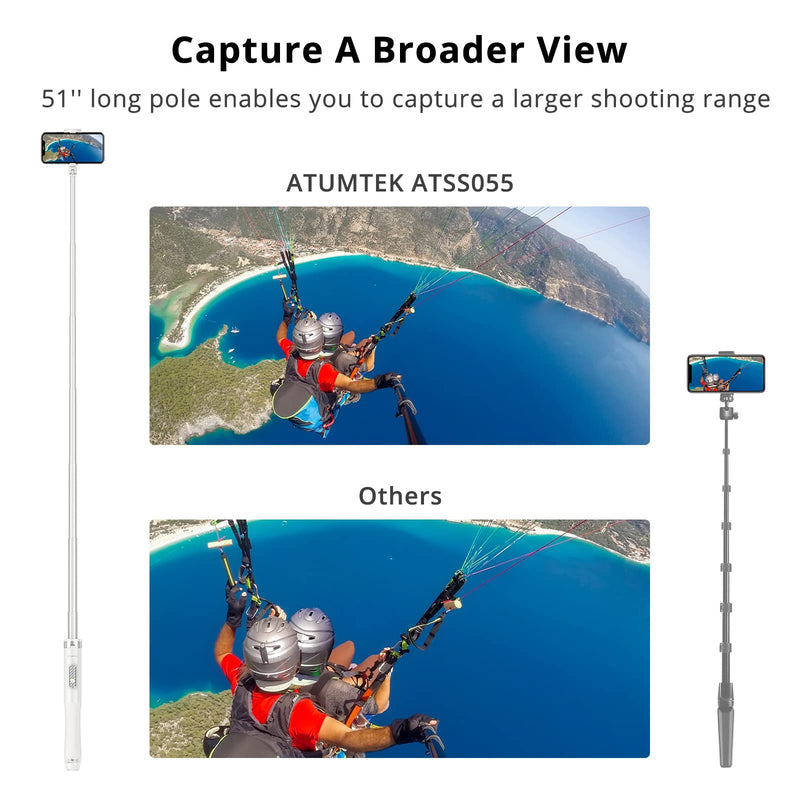 [AUSTRALIA] - ATUMTEK 51" Selfie Stick Tripod, All in One Extendable Phone Tripod Stand with Bluetooth Remote 360° Rotation for iPhone and Android Phone Selfies, Video Recording, Vlogging, Live Streaming, White 51" 