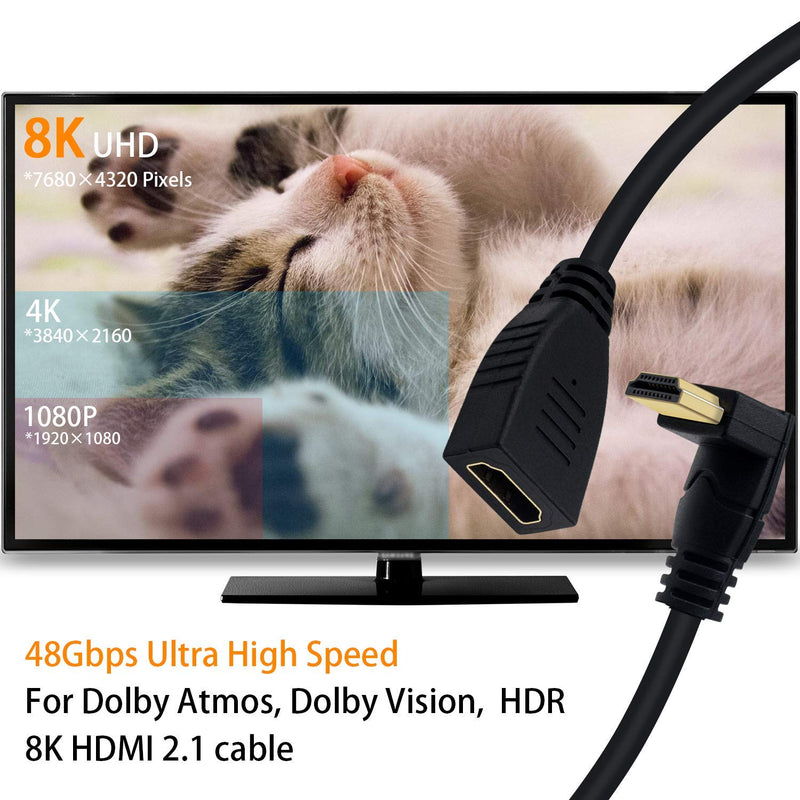 Poyiccot 8K HDMI Extension Cable, HDMI 2.1 Cable 90 Degree Down Angle HDMI Male to Female 8K HDMI 2.1 Cable 48Gbps High Speed 8K 60Hz, 4K 120Hz, 3D Ultra HDR HDMI Extension Cable, 2feet(M/F Down) Down Angle 8K HDMI 2.1 Cable