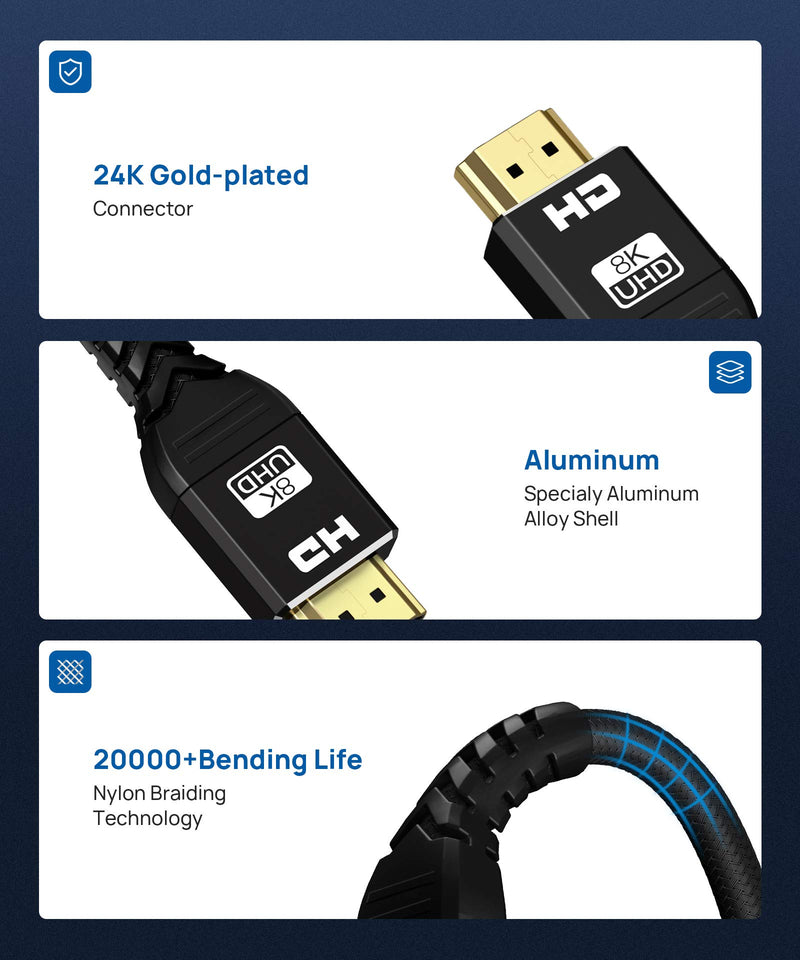8K HDMI 2.1 Cable 12Ft,ALLEASA Ultra High Speed 8K@60Hz,4K@120Hz@144Hz DSC,HDR UHD 7680×4320,eARC HDR10+,HDCP 2.2&2.3,Compatible with PS5/PS4/PS3(Black) 12 FT BLACK