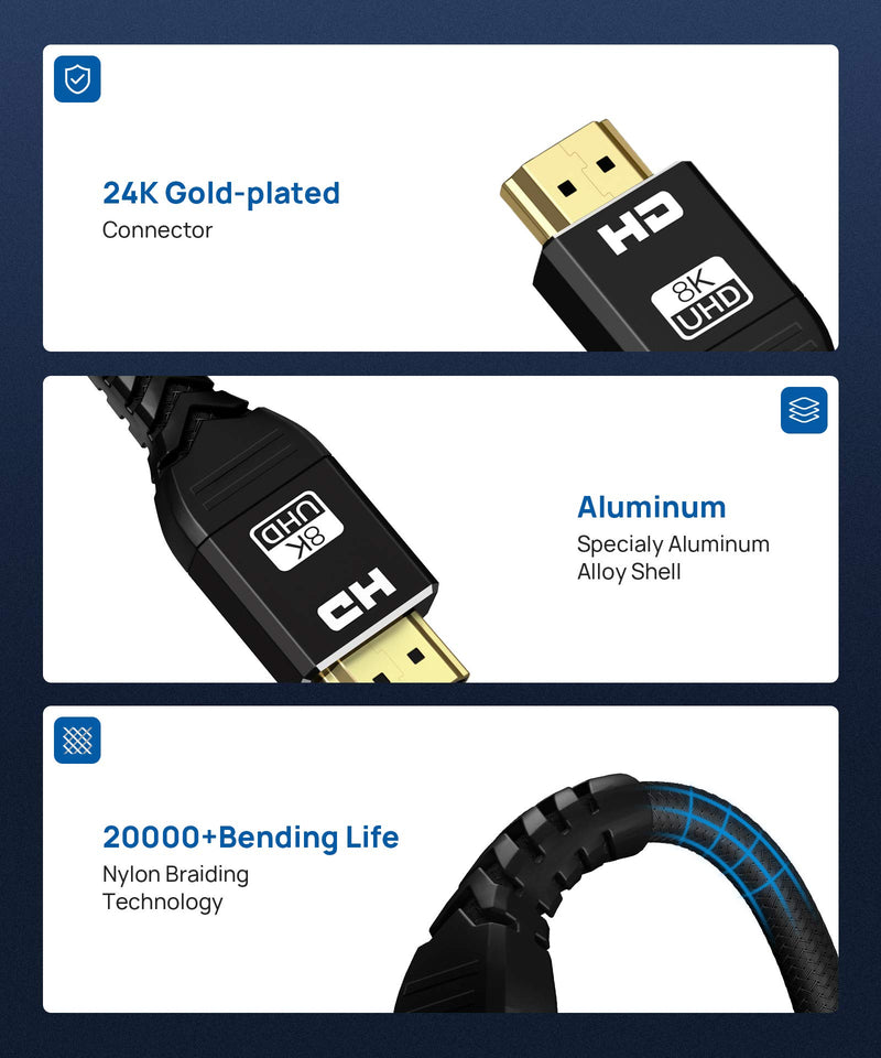 8K HDMI 2.1 Cable 6Ft,ALLEASA Ultra High Speed 8K@60Hz,4K@120Hz@144Hz DSC,HDR UHD 7680×4320,eARC HDR10+,HDCP 2.2&2.3,Compatible with PS5/PS4/PS3(Black) 6 FT BLACK