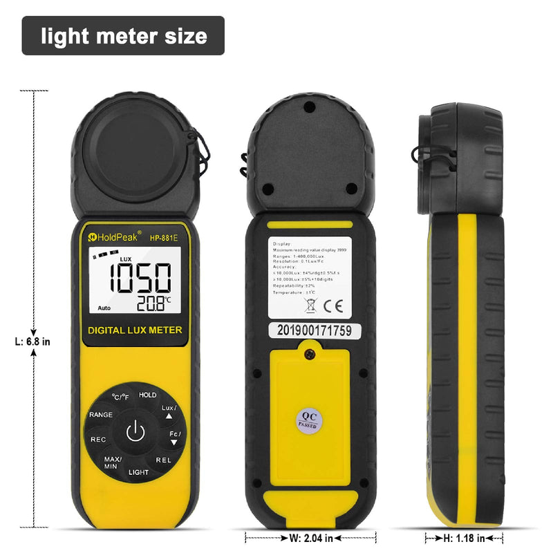 [AUSTRALIA] - Light Meter-HOLDPEAK 881E Digital Illuminanc/Light Meter with 0.01~300,000 Lux (0.01~30,000 FC) Measuring Ranges and 270° Rotatable Detector for LED Lights and Plants Lumen Meter HP-881E(0.1 - 200,000Lux / 1 - 20,000FC) 