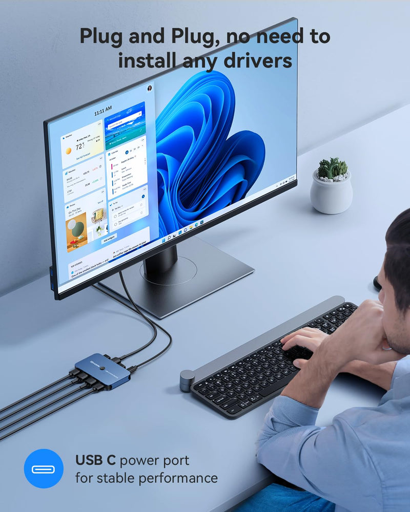 ABLEWE KVM Switch, Aluminum KVM Switch HDMI,USB Switch for 2 Computers Sharing Mouse Keyboard Printer to One HD Monitor, Support 4K@60Hz,2 HDMI Cables and 2 USB Cables Included(Blue) Blue