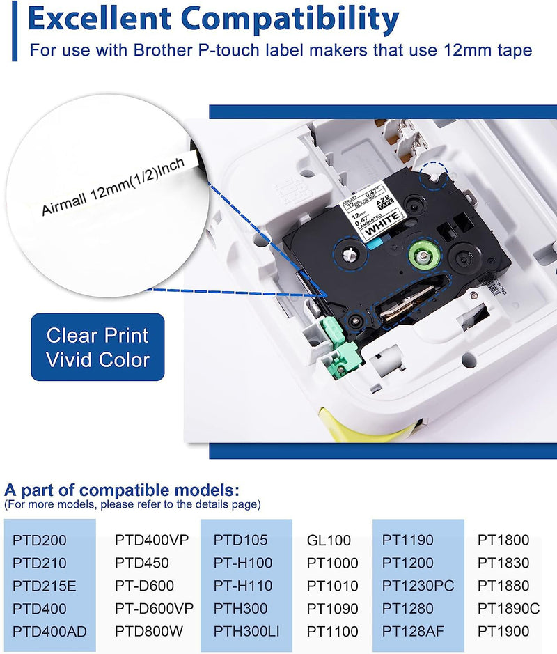 Tze-231 Replace Brother Label Maker Tape 12mm 0.47 White Tape TZe231 Compatible with Brother P Touch Label Tape Refill TZe TZ Tape, ½”(0.47”) x 26.2 ft. (8m), 6-Pack