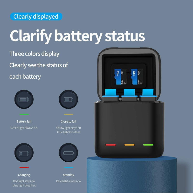 TELESIN Magnetic Triple Charger Battery Storage Charging Box with Hero 10/9 Battery Pack, USB Type-C Cable for GoPro Hero 10/9 Black Action Cameras (Charger + 3 Batteries) Charger + 3 batteries