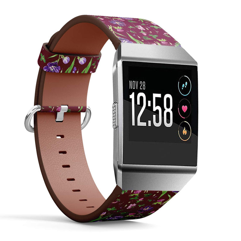 Compatible with Fitbit Ionic - Leather Wristband Bracelet Replacement Accessory Band + Adapters - Flowers Purple Tulips
