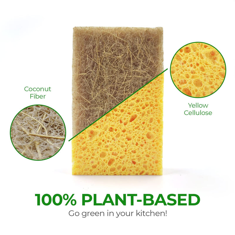 AIRNEX 18 Pack Biodegradable Natural Kitchen Sponge - Compostable Cellulose and Coconut Walnut Scrubber Sponge - Eco Friendly Sponges for Dishes