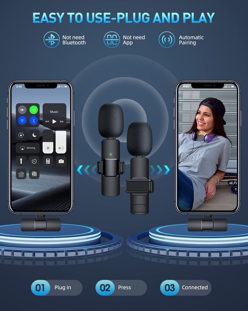 PQRQP Wireless Microphone for iPhone iPad, Clip Mic, Lavalier Microphone, Microphones, Plug-Play Video Recording, Live Stream, YouTube, TikTok Black