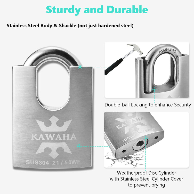 KAWAHA 21/60KD-5K High Security Stainless Steel Shrouded Padlock with Key for Both Indoor and Outdoor use (SUS304 Stainless Steel, Heavy Duty, Anti-Rust) (2-3/8 in. (60mm), Keyed Different - 5 Keys) 2-3/8 in. (60mm)