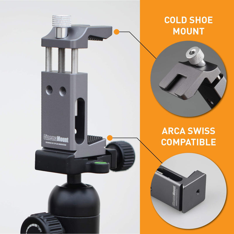 Cinema Mount MK III, Smartphone Camera Video Stabilizer System, Cold Shoe Mount, Tripod Thread Mount, Fit Arca Swiss, Solid Aluminum Grip, Compatible with iPhone 11 12 Pro Max, Sumsung, Live Streaming L: Phone Clip + Metal Grip + Mount Frame