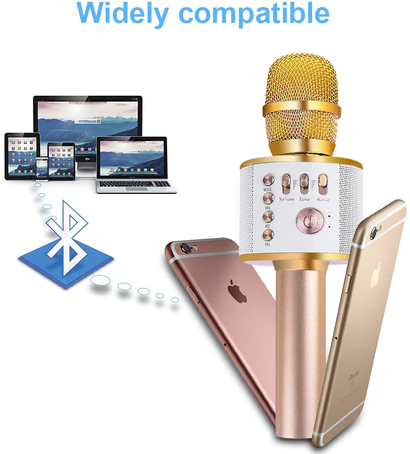DigitCont Bluetooth Karaoke Wireless Microphone 5-in-1 Portable Handheld Karaoke Mic Speaker Machine Player Recorder with Adjustable Remix FM Radio Christmas Birthday Home Party for Kids Adults Gold