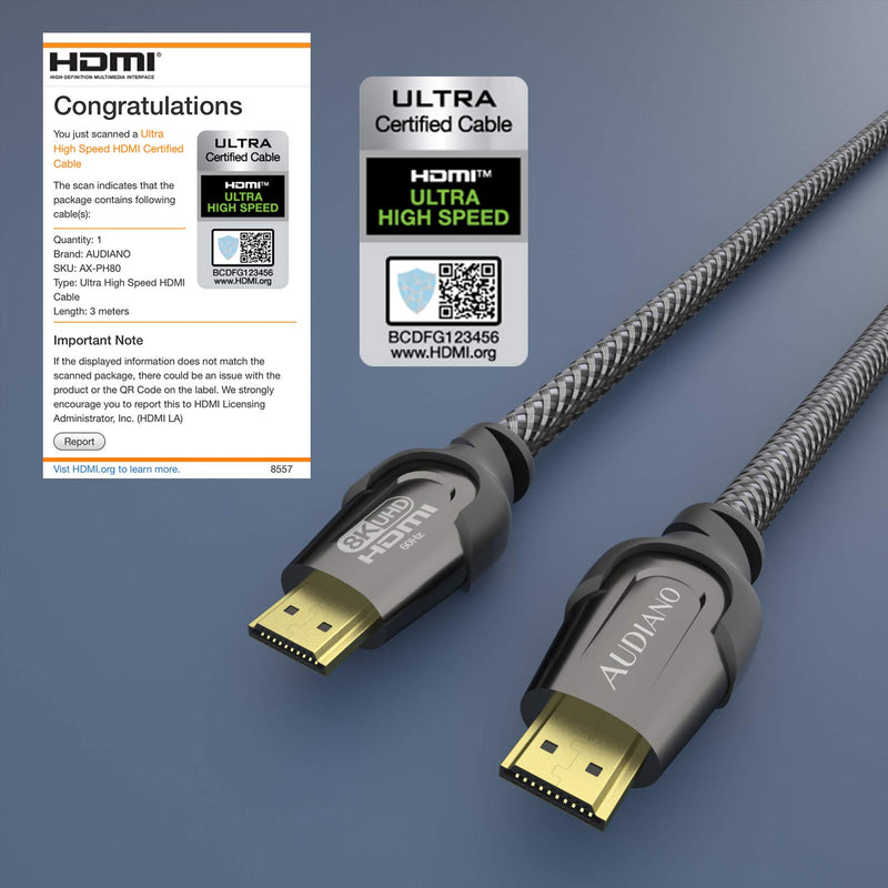 8K HDMI Cable 3.3ft, AUDIANO HDMI 2.1 48Gbps High Speed Nylon Braided HDMI Cord with eARC HDR10 4:4:4, 4K HDMI Cable Compatible with Apple Fire LG/Samsung QLED TV PS4/5 Switch Xbox/Blu-ray/Projector 8K HDMI 3.3FT