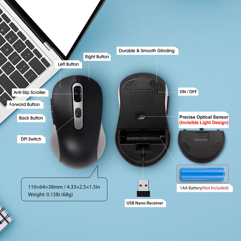 Wireless Mouse for Laptop, PC, Chromebook, Mac, MacBook, Silent Wireless Mouse with USB Nano Receiver, Side Button, 2400 DPI, Anti Slip Roller, 6 Button Ergonomics Cordless Computer Mice - Black Gray AT258-Black & Grey