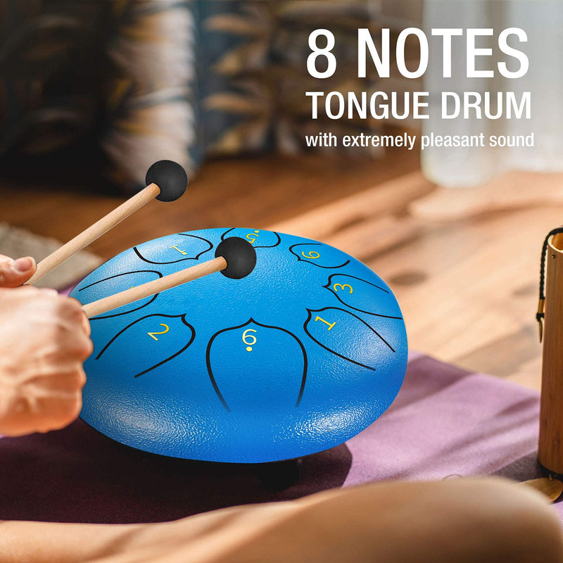 Steel Tongue Drum, 6 Inch 8 Notes Tongue Drum, Steel Drums Hand Drum Percussion Instruments for Adults Kids Beginner, with Music Book & Drum Mallets, Clean and Ethereal Sound blue