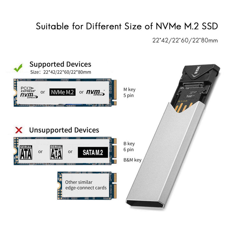 SSK Aluminum M.2 NVME SSD Enclosure Adapter, USB 3.1/3.2 Gen 2 (10 Gbps) to NVME PCI-E M-Key Solid State Drive External Enclosure Support UASP Trim (Fits only NVMe PCIe 2242/2260/2280)