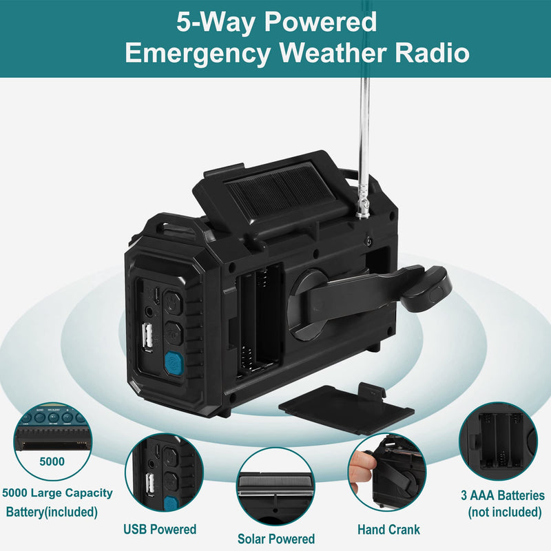 NOAA Emergency Weather Alert Radio, 5000 Large Capacity Hand Crank Solar Powered AM/FM/Shortwave Radio for Home, Portable LED Camping Flashlight Reading Lamp, Phone Charger Earphone Jack,SOS Alarm Blue