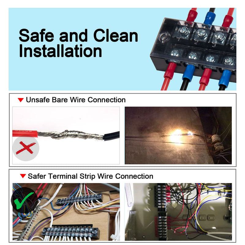 MILAPEAK Terminal Block and Strip - 6 Sets 8/10/12 Positions 600V 25A Dual Row Wire Screw Terminal Strip Block with Cover + 400V 25A Pre-Insulated Terminals Barrier Strips Jumpers (Black & Red) 25A 8/10/12P+Jumpers