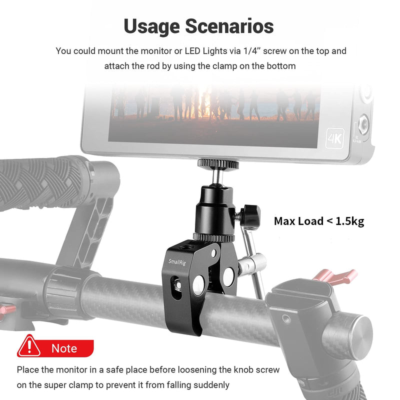 SmallRig Super Clamp Mount with Mini Ball Head Mount Hot Shoe Adapter with 1/4 Screw for LCD Field Monitor, LED Lights, Flash, Microphone, for Gopro, for DJI Action 2, for Insta360 - 1124