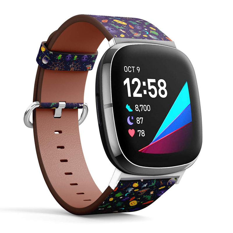 SMODDIX Replacement Band Compatible with Fitbit Sense/Fitbit Versa 3, Leather Strap Wristband Bracelet (Halloween Traditional Symbols Icons)