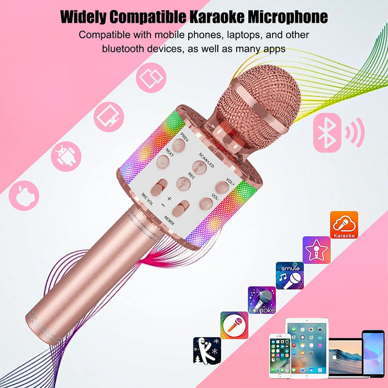 Karaoke Wireless Microphone, Ankuka 4 in 1 Handheld Bluetooth Microphones Speaker Karaoke Machine with Dancing LED Lights, Home KTV Player Compatible with Android & iOS Devices for Party/Kids Singing Rose gold