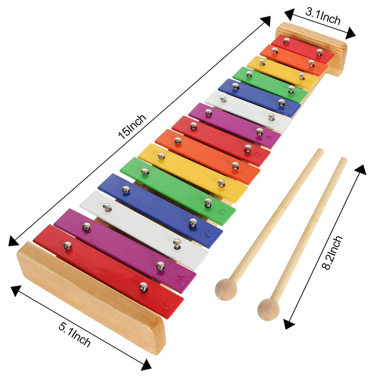 15 Note Toddler Xylophone Multi-Colored Metal Bars Glockenspiel Resonator Bells with 2pcs Mallets