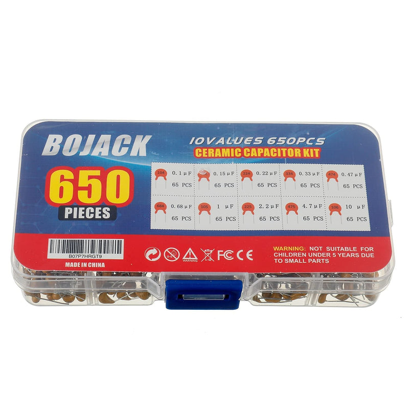 BOJACK 10 Type Values 650Pcs Ceramic Capacitor Assortment Kit Capacitors from 0.1uf/100 nF to 10 uF in a Box