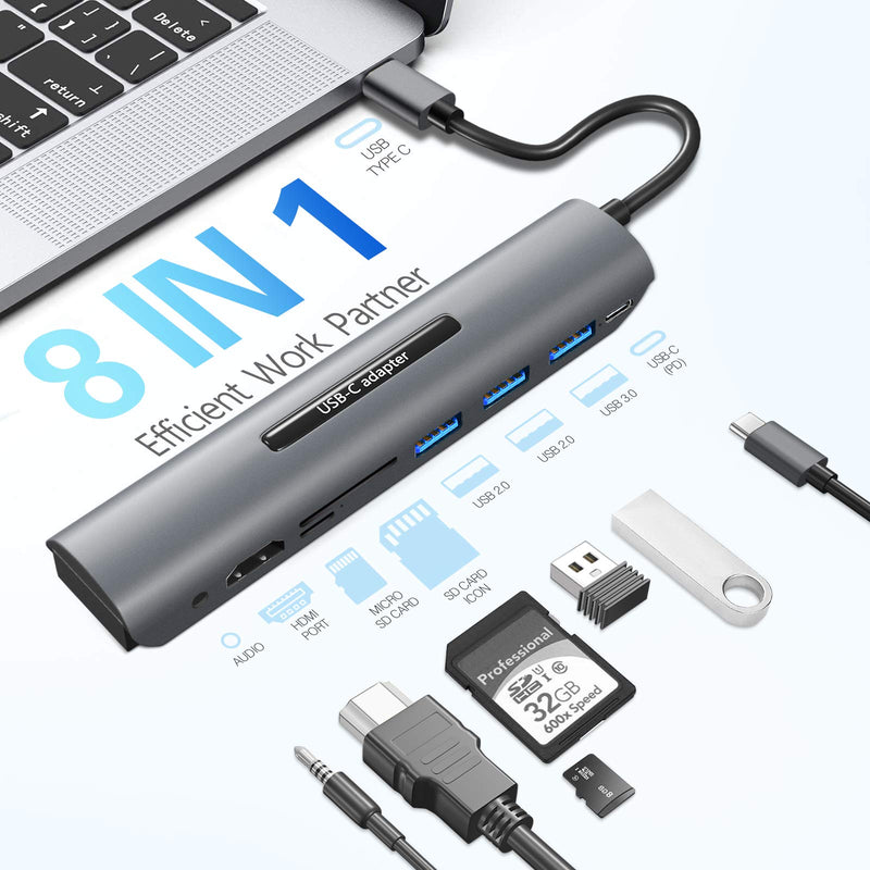 USB C Hub for MacBook Pro, 8 in 1 USB C Multiport Adapter, with 4K HDMI, USB 3.0 and USB-A Ports, 60W Power Delivery, SD/TF Card Reader, USB Dongle Compatible with MacBook Pro/Air XPS