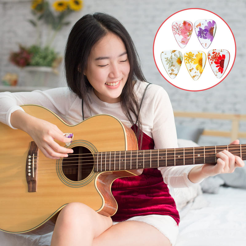 5 Pieces Dried Flower Resin Guitar Picks Plectrums Thin Flower Guitar Picks Stylish Colorful Guitar Plectrums Floral Bass Picks for Electric, Acoustic Guitar Bass Ukulele, 5 Styles